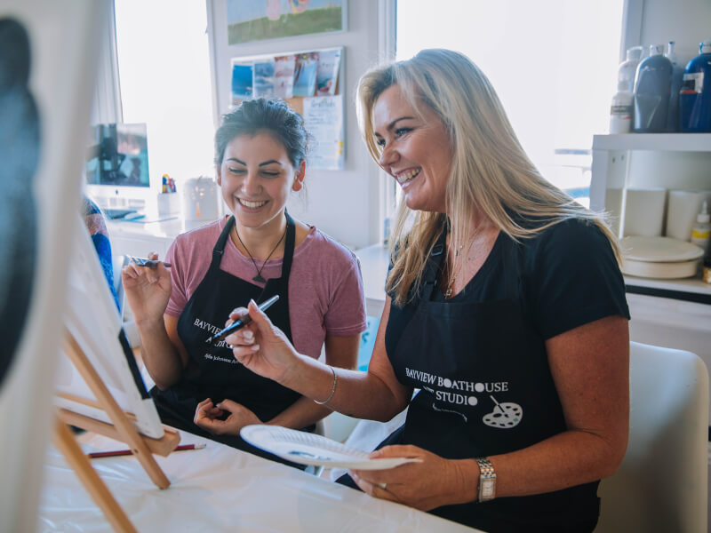 Two women are sitting at an easel, painting on canvas